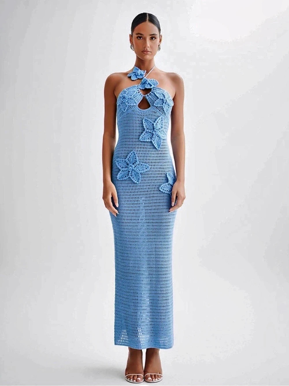 MESHKI Kyla Floral Crochet Maxi Dress – Cornflower Blue